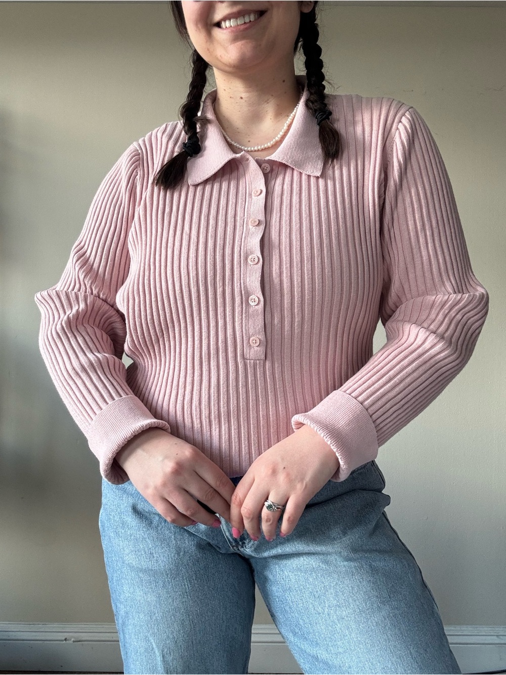 Athleta Soft Pink Ribbed Knit Polo Sweater - Picture 2 of 8